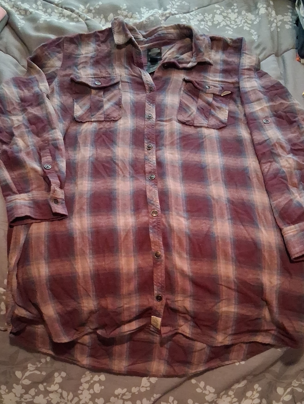 Harley-Davidson Burgundy and Blue Plaid Shirt (XL)